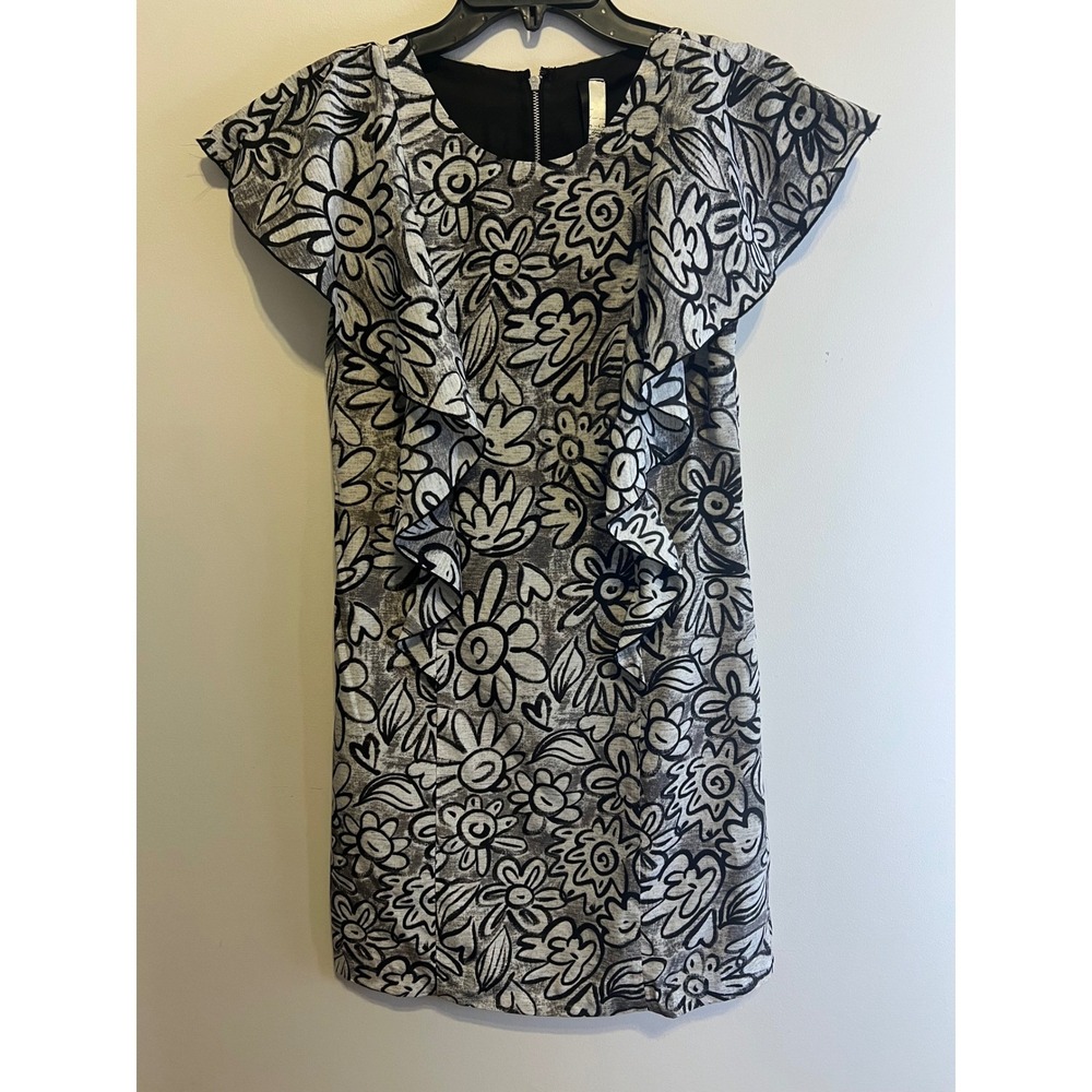 Kensie Womens Black‎ White Graphic Floral Ruffle Short Sleeve Zipper Dress Sz XS